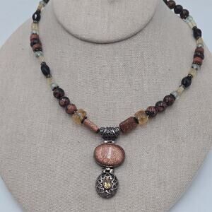 Vintage Sterling Silver Goldstone Citrine Jasper Beaded Gorgeous Necklace 18"